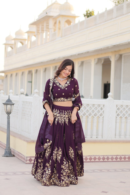 Trending Wine Embroidered Fully Flaired Georgette Lehenga Made with Rich Sequins And Thread Embroidered Work  With Stunning Blouse And Dupatta.