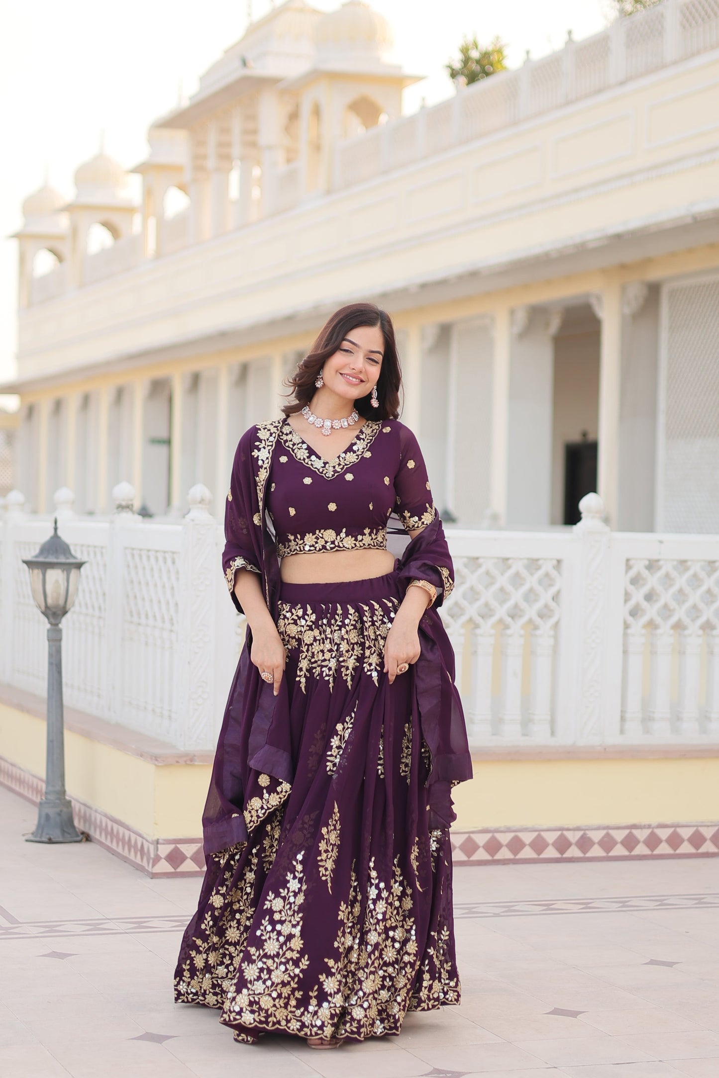 Trending Wine Embroidered Fully Flaired Georgette Lehenga Made with Rich Sequins And Thread Embroidered Work  With Stunning Blouse And Dupatta.