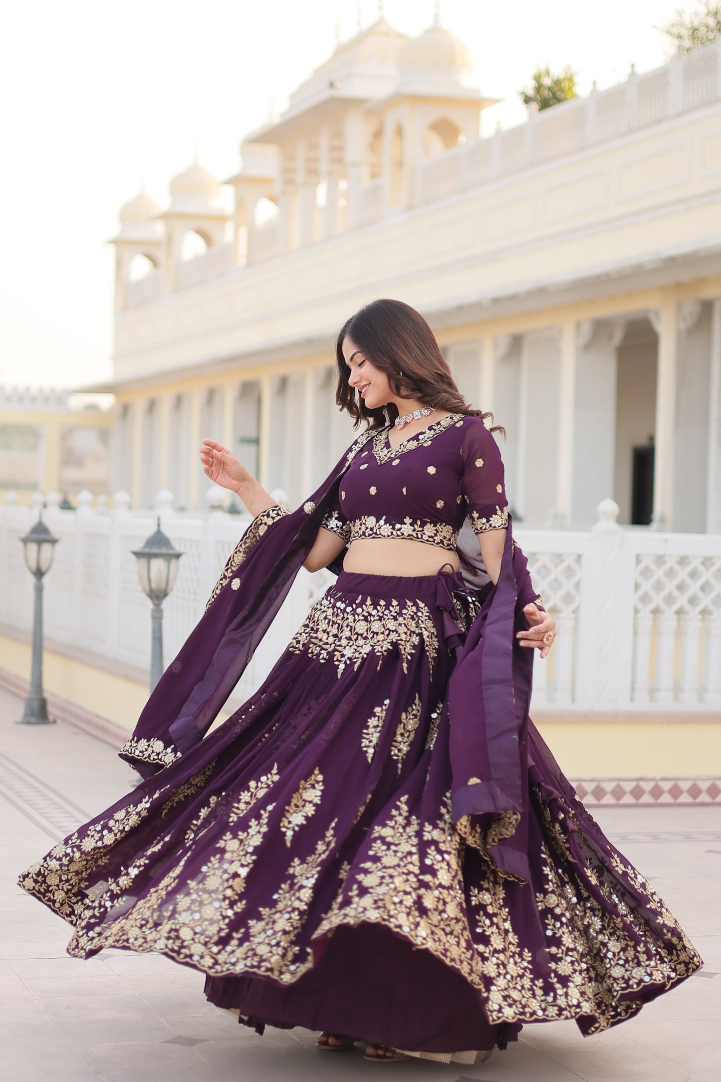 Trending Wine Embroidered Fully Flaired Georgette Lehenga Made with Rich Sequins And Thread Embroidered Work  With Stunning Blouse And Dupatta.