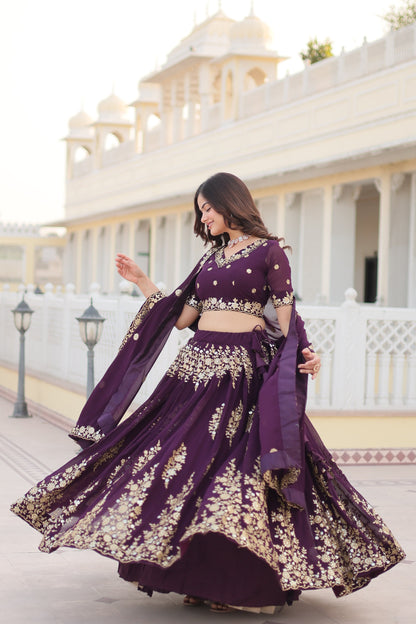 Trending Wine Embroidered Fully Flaired Georgette Lehenga Made with Rich Sequins And Thread Embroidered Work  With Stunning Blouse And Dupatta.