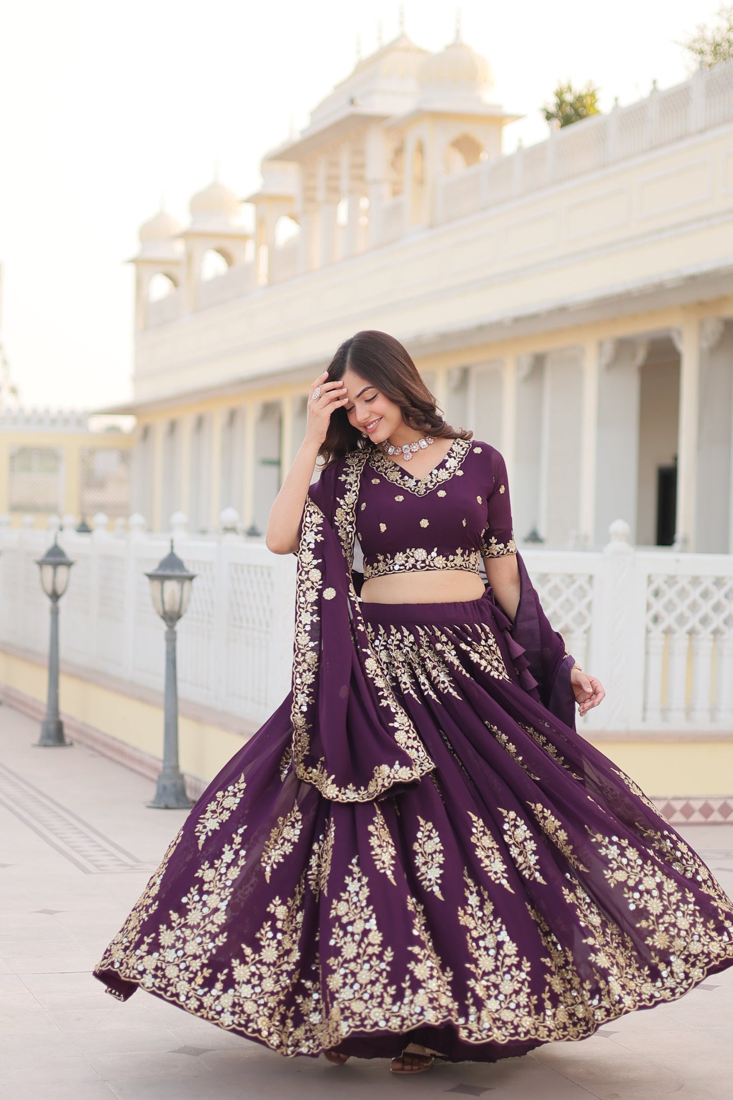 Trending Wine Embroidered Fully Flaired Georgette Lehenga Made with Rich Sequins And Thread Embroidered Work  With Stunning Blouse And Dupatta.