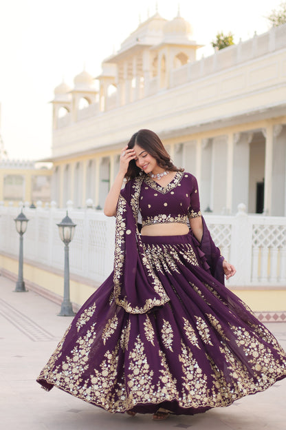 Trending Wine Embroidered Fully Flaired Georgette Lehenga Made with Rich Sequins And Thread Embroidered Work  With Stunning Blouse And Dupatta.