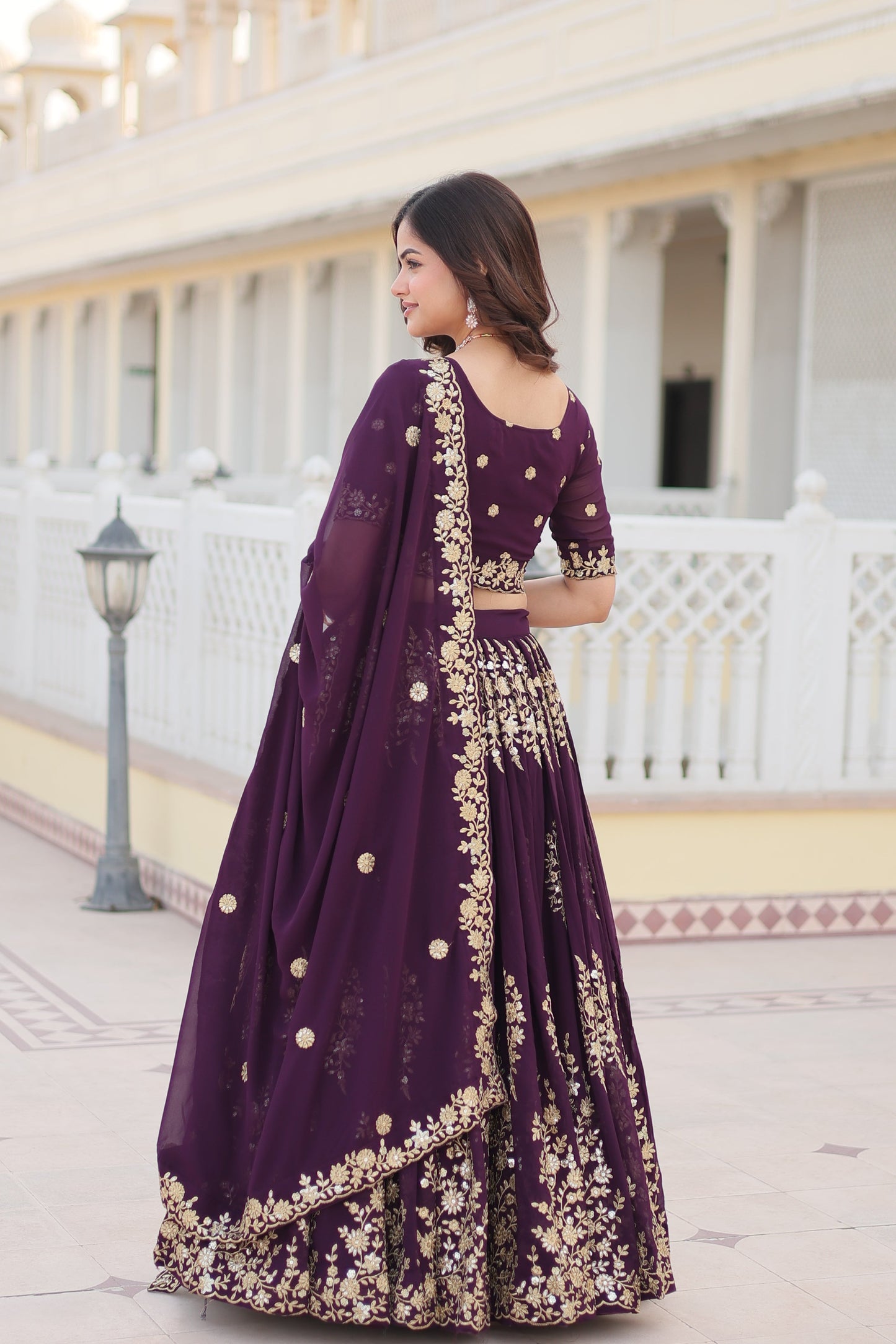 Trending Wine Embroidered Fully Flaired Georgette Lehenga Made with Rich Sequins And Thread Embroidered Work  With Stunning Blouse And Dupatta.