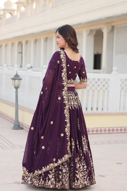 Trending Wine Embroidered Fully Flaired Georgette Lehenga Made with Rich Sequins And Thread Embroidered Work  With Stunning Blouse And Dupatta.