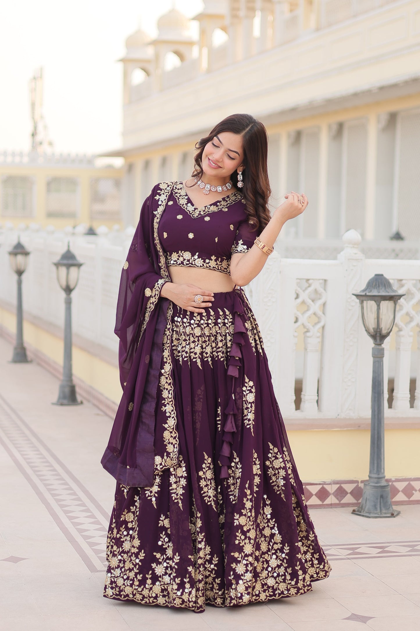 Trending Wine Embroidered Fully Flaired Georgette Lehenga Made with Rich Sequins And Thread Embroidered Work  With Stunning Blouse And Dupatta.