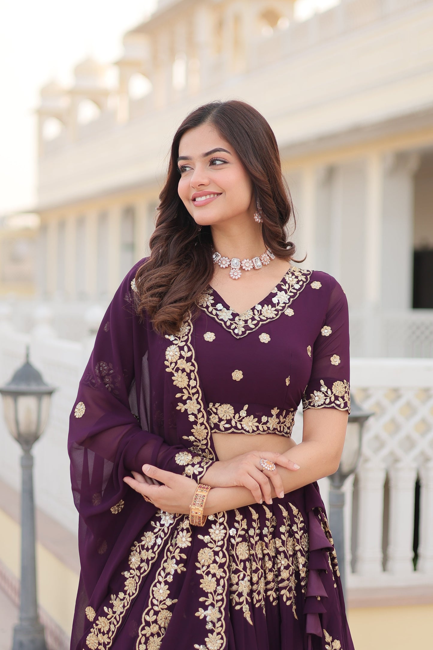 Trending Wine Embroidered Fully Flaired Georgette Lehenga Made with Rich Sequins And Thread Embroidered Work  With Stunning Blouse And Dupatta.