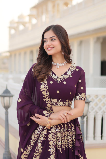 Trending Wine Embroidered Fully Flaired Georgette Lehenga Made with Rich Sequins And Thread Embroidered Work  With Stunning Blouse And Dupatta.