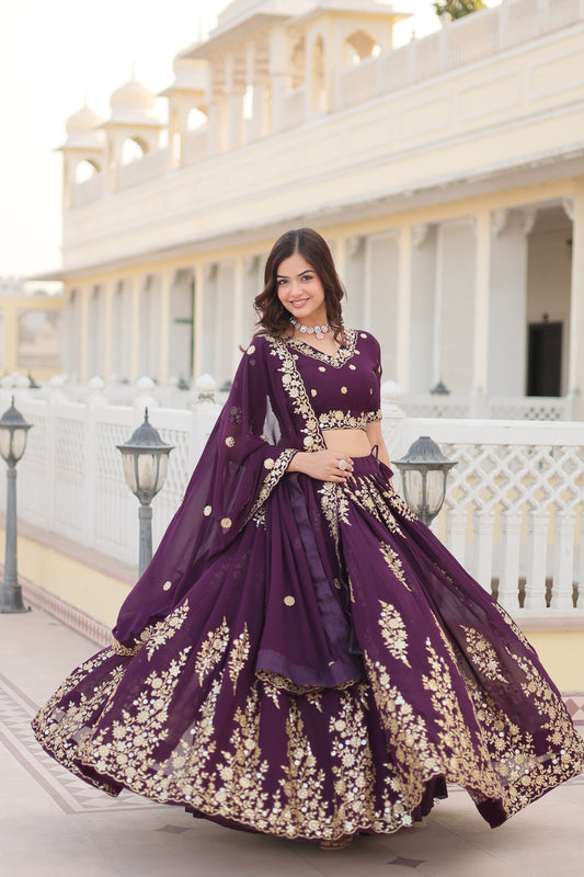 Trending Wine Embroidered Fully Flaired Georgette Lehenga Made with Rich Sequins And Thread Embroidered Work  With Stunning Blouse And Dupatta.