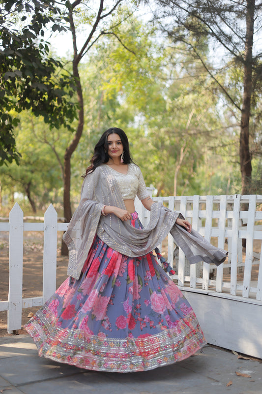 Premium Georgette Lehenga with Heavy Sequin & Thread Embroidery – Blouse and Dupatta Included