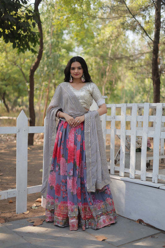 Premium Georgette Lehenga with Heavy Sequin & Thread Embroidery – Blouse and Dupatta Included