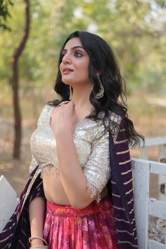 Designer Wine Georgette Lehenga with Heavy Embroidery, Blouse & Dupatta Set