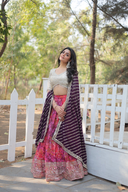 Elegant Embroidered Georgette Lehenga Set with Sequins, Blouse & Dupatta