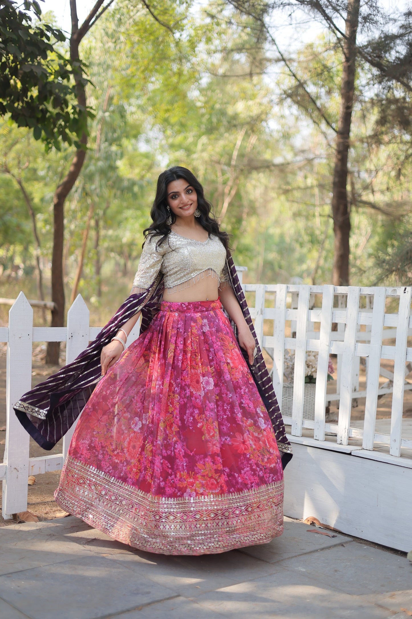 Elegant Embroidered Georgette Lehenga Set with Sequins, Blouse & Dupatta
