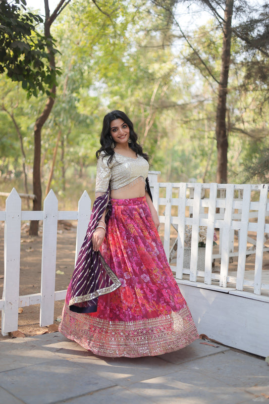 Elegant Embroidered Georgette Lehenga Set with Sequins, Blouse & Dupatta