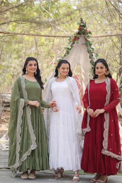Desirable Women's Fully Flaired Gown Made With Faux Georgette Fabrics and Designer Embroidered Dupatta