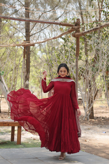 Desirable Women's Fully Flaired Gown Made With Faux Georgette Fabrics and Designer Embroidered Dupatta