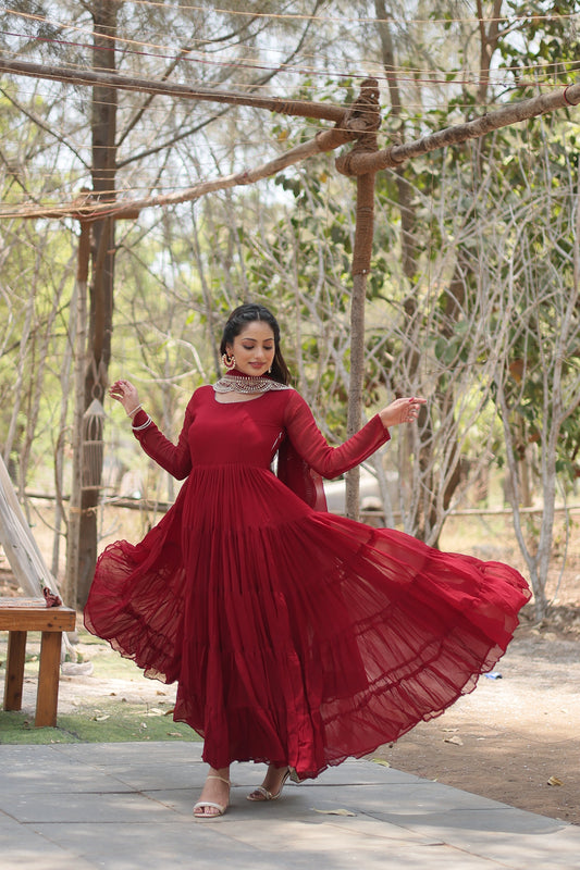 Desirable Women's Fully Flaired Gown Made With Faux Georgette Fabrics and Designer Embroidered Dupatta