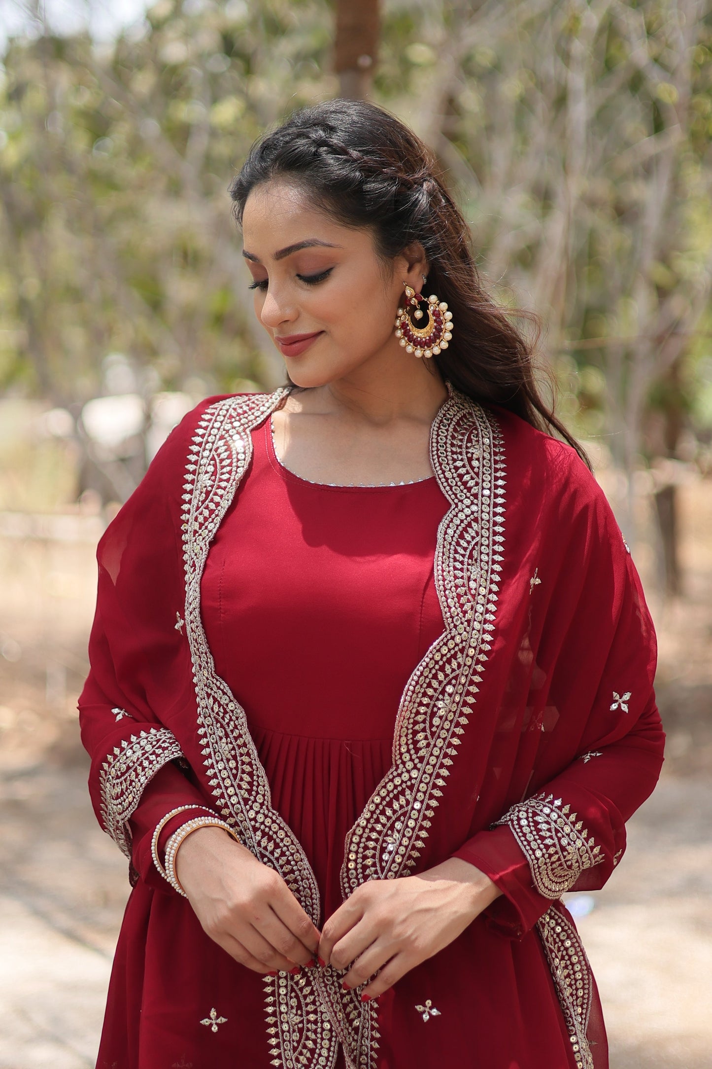 Desirable Women's Fully Flaired Gown Made With Faux Georgette Fabrics and Designer Embroidered Dupatta