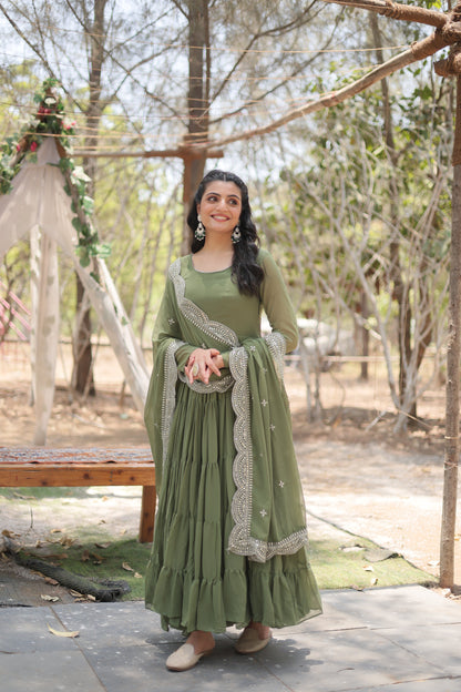 Desirable Women's Fully Flaired Gown Made With Faux Georgette Fabrics and Designer Embroidered Dupatta
