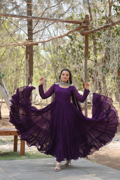Desirable Women's Fully Flaired Gown Made With Faux Georgette Fabrics and Designer Embroidered Dupatta
