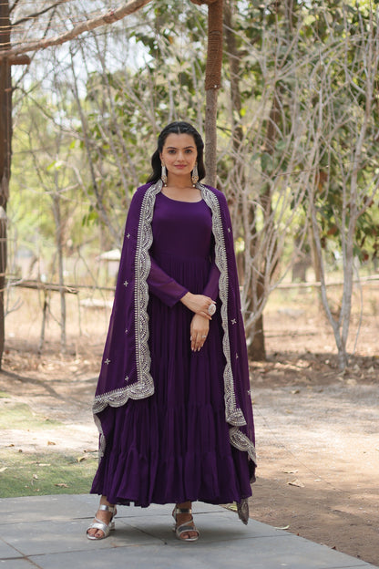 Desirable Women's Fully Flaired Gown Made With Faux Georgette Fabrics and Designer Embroidered Dupatta
