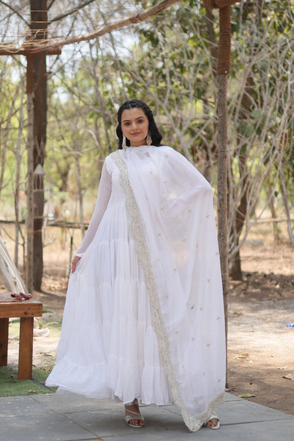 Desirable Women's Fully Flaired Gown Made With Faux Georgette Fabrics and Designer Embroidered Dupatta