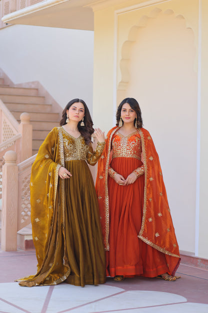 💗 Fendy Fabric gown with Sequins-Multi Embroidered Work Dupatta, it Designed to Smoothly Fitted all body types, gowns for women combine the best parts of  Indian Ethnic & Party wear into  stunning ensemble. 💝🤳 GOWN-DUPATTA COLLECTIONS 2025💃