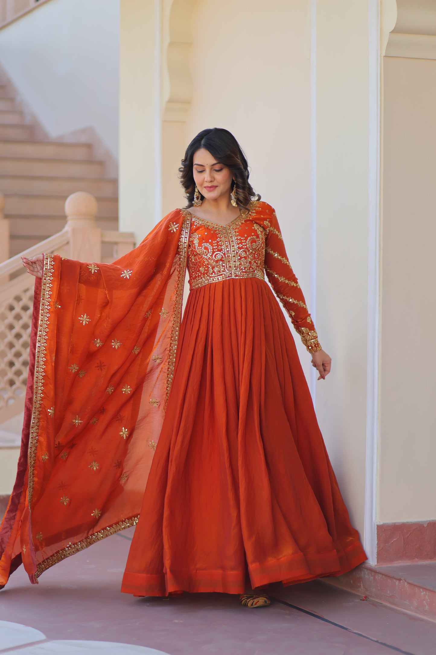 💗 Fendy Fabric gown with Sequins-Multi Embroidered Work Dupatta, it Designed to Smoothly Fitted all body types, gowns for women combine the best parts of  Indian Ethnic & Party wear into  stunning ensemble. 💝🤳 GOWN-DUPATTA COLLECTIONS 2025💃