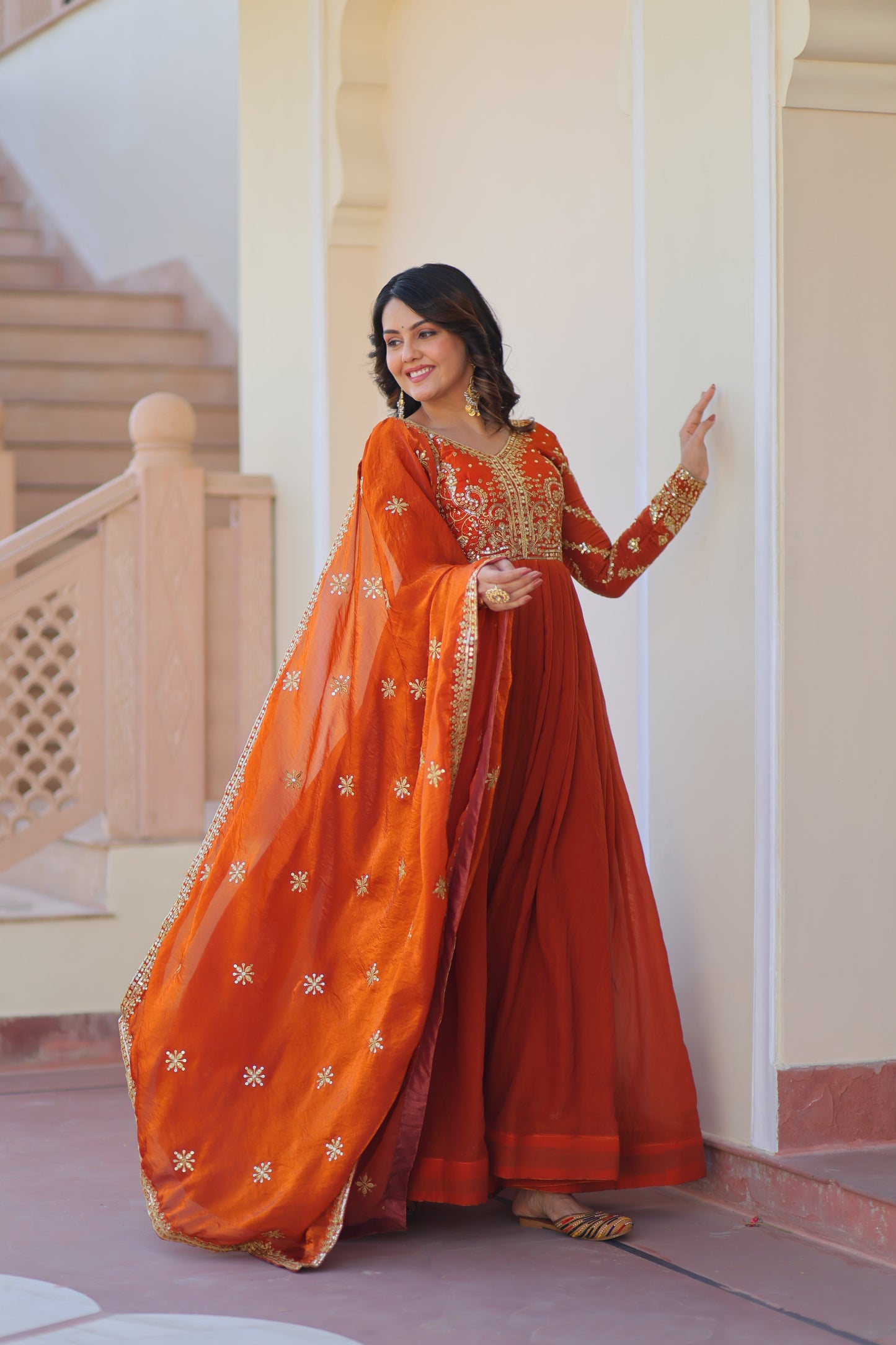 💗 Fendy Fabric gown with Sequins-Multi Embroidered Work Dupatta, it Designed to Smoothly Fitted all body types, gowns for women combine the best parts of  Indian Ethnic & Party wear into  stunning ensemble. 💝🤳 GOWN-DUPATTA COLLECTIONS 2025💃