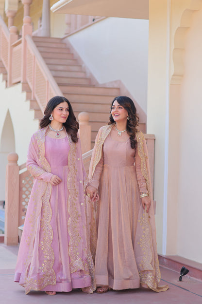 🤳🏻 PREMIUM READYMADE GOWN-DUPATTA COLLECTIONS 2025 💃🏻  💗 Fendy Chiffon gown with Sequins-Multi Embroidered Work Dupatta, it Designed to flatter all body types, gowns for women combine the best parts of western and Indian wear into one stunning ensemble. 💝