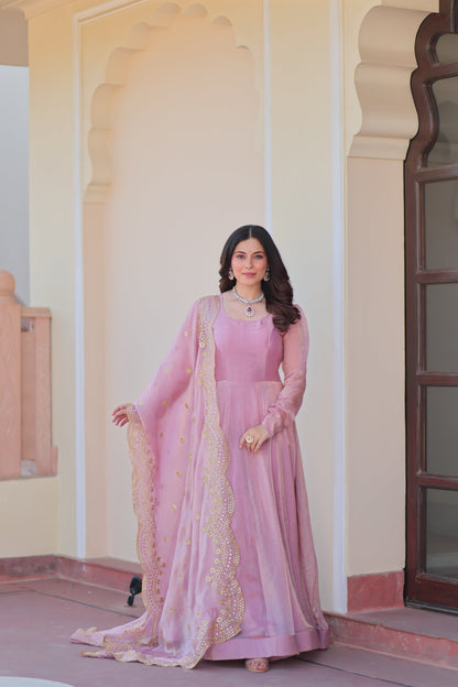 🤳🏻 PREMIUM READYMADE GOWN-DUPATTA COLLECTIONS 2025 💃🏻  💗 Fendy Chiffon gown with Sequins-Multi Embroidered Work Dupatta, it Designed to flatter all body types, gowns for women combine the best parts of western and Indian wear into one stunning ensemble. 💝