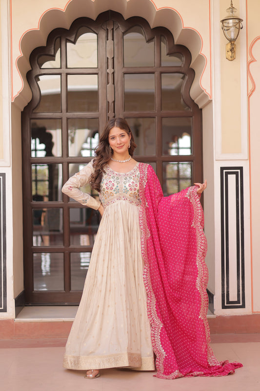 *Experience the allure of Trending Cosmos Jequard Gown With Bandhani Printed Embroidered Cut work Dupatta. Discover the perfect fusion of elegance and grace. Shop now for a timeless appearance.*