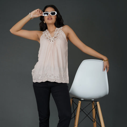 Misty Rose Pink Sleeveless Top with Crochet Lace and Schiffli Embroidery