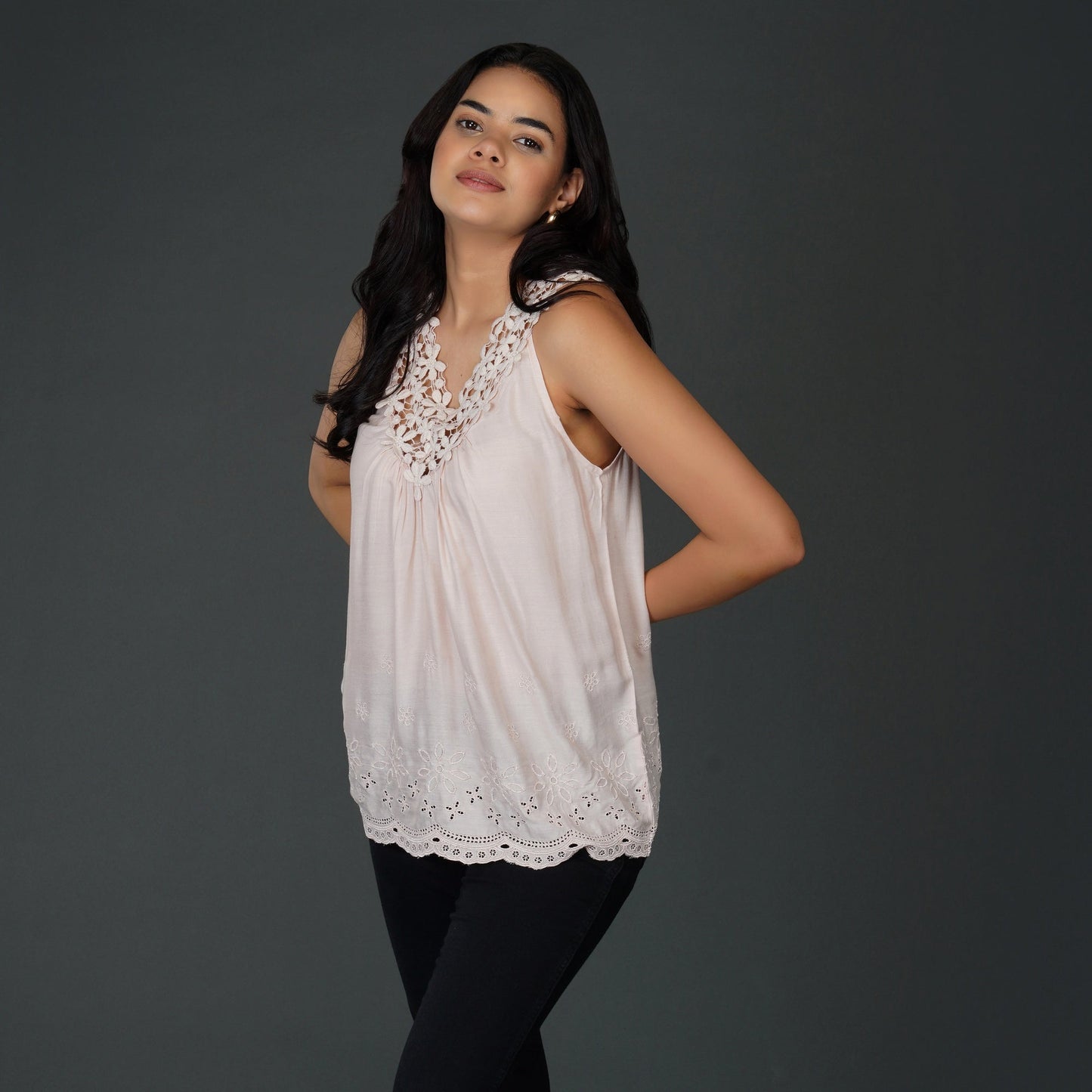 Misty Rose Pink Sleeveless Top with Crochet Lace and Schiffli Embroidery