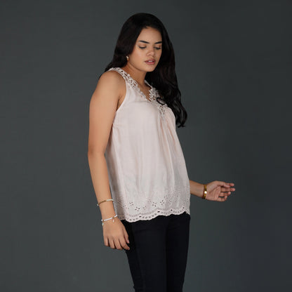 Misty Rose Pink Sleeveless Top with Crochet Lace and Schiffli Embroidery
