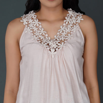 Misty Rose Pink Sleeveless Top with Crochet Lace and Schiffli Embroidery
