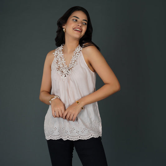 Misty Rose Pink Sleeveless Top with Crochet Lace and Schiffli Embroidery