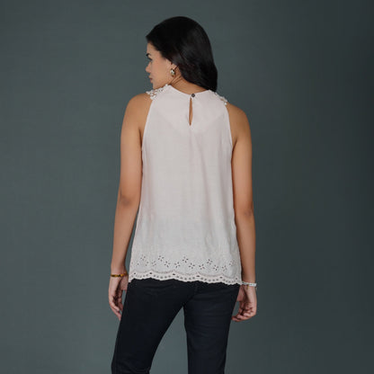 Misty Rose Pink Sleeveless Top with Crochet Lace and Schiffli Embroidery