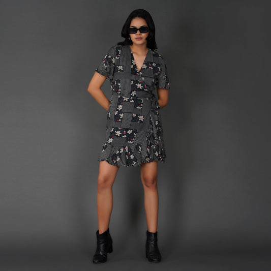 Monochrome Floral Printed Wrap Dress