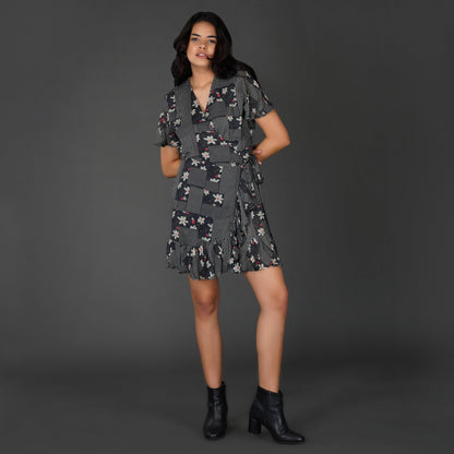 Monochrome Floral Printed Wrap Dress