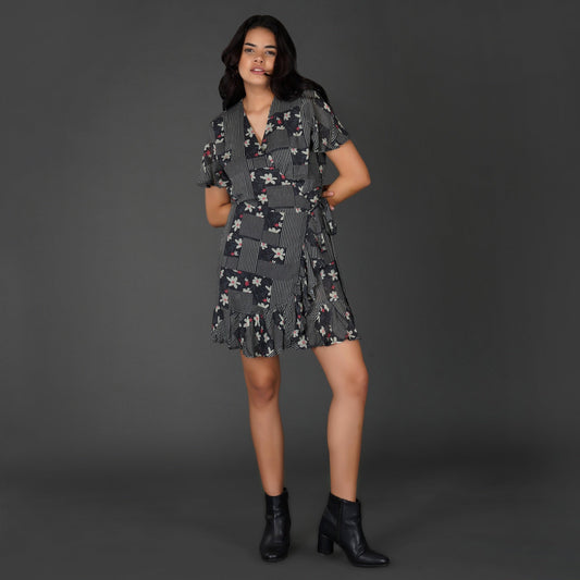 Monochrome Floral Printed Wrap Dress