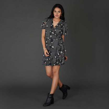 Monochrome Floral Printed Wrap Dress