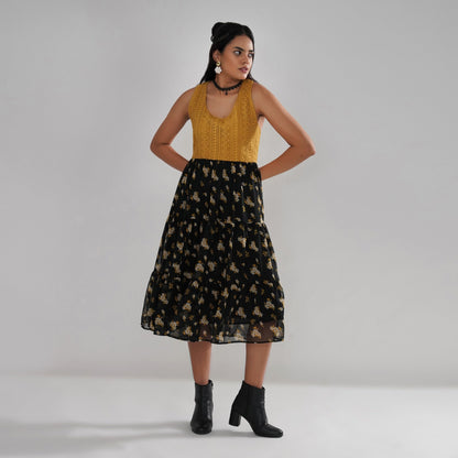 Mustard Crochet Bodice Dress with Floral Georgette Skirt