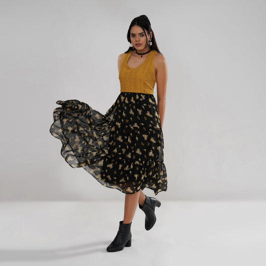 Mustard Crochet Bodice Dress with Floral Georgette Skirt