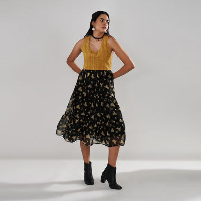 Mustard Crochet Bodice Dress with Floral Georgette Skirt