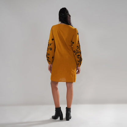Mustard Embroidered Cotton Slub Dress with Balloon Sleeves