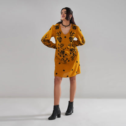 Mustard Embroidered Cotton Slub Dress with Balloon Sleeves