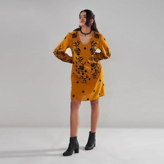 Mustard Embroidered Cotton Slub Dress with Balloon Sleeves