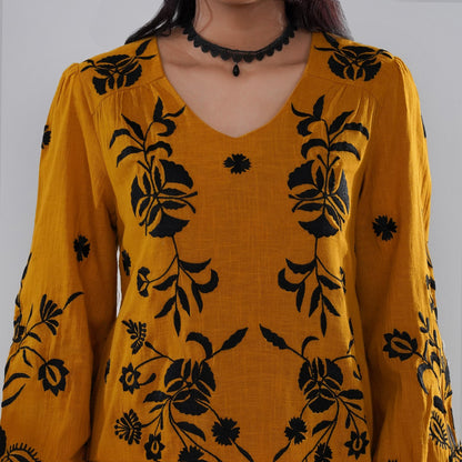 Mustard Embroidered Cotton Slub Dress with Balloon Sleeves