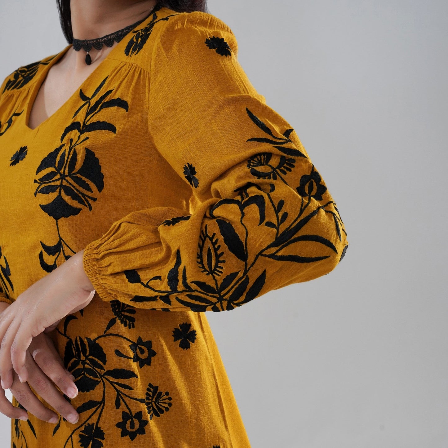 Mustard Embroidered Cotton Slub Dress with Balloon Sleeves